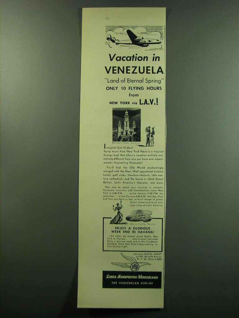 1949 Linea Aeropostal Venezolana LAV Airline Ad - Vacation in Venezuela