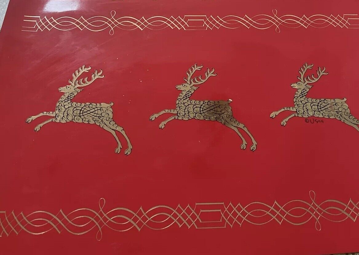4 Vintage MCM Vera Neumann Vinyl Placemats Red Gold Rain deer EUC Christmas