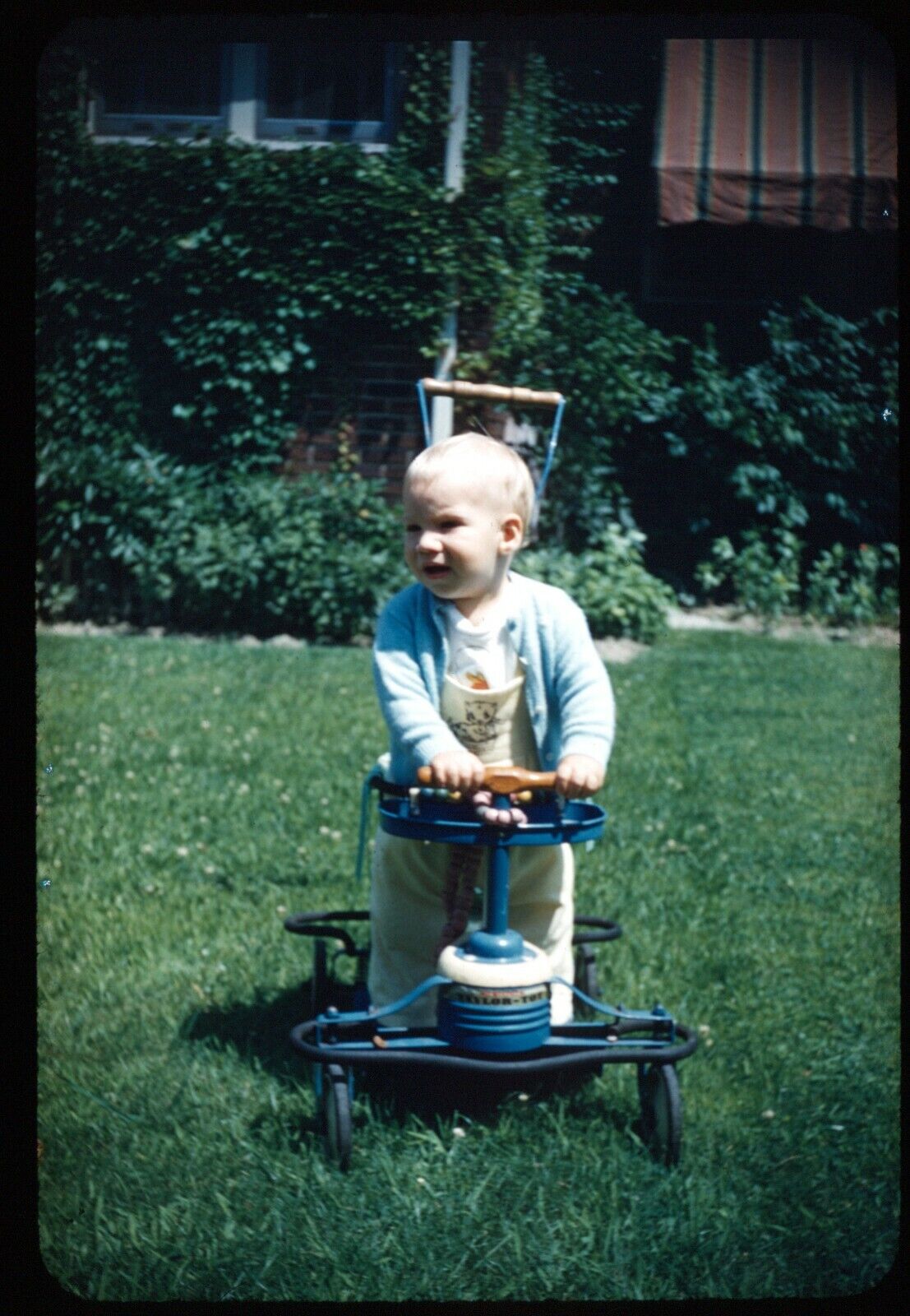Toddler Playing on Antique Tricycle 50s Vintage 35mm Red Border Kodachrome Slide