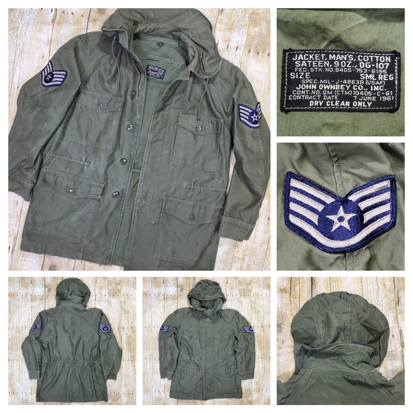 Vtg 1961 USAF Air Force Field Jacket Size Sm Reg Cotton Sateen Rollaway Hood EUC
