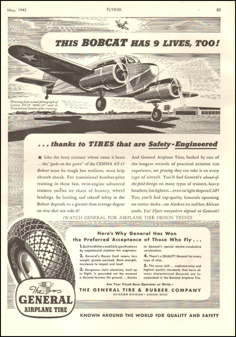 1943 WW2 aviation Ad GENERAL AIRPLANE TIRES CESSNA AT-17 BOBCAT Trainer 082618
