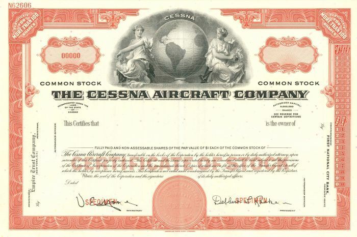 Cessna Aircraft Co. - Specimen Stock Certificate - Specimen Stocks & Bonds