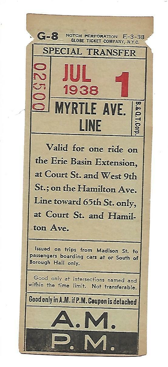 1938 MYRTLE AVE LINE New York STREET CAR Special Transfer Ticket  