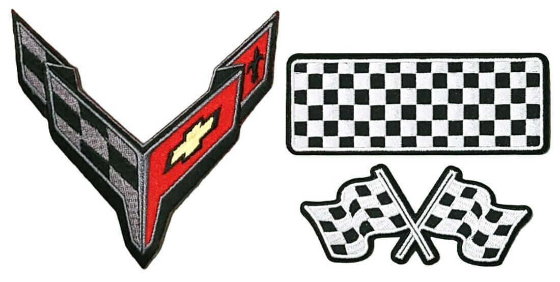 Corvette C8 Racing Checkered Flag Embroidered PATCH -3PC SET IRON ON OR SEW
