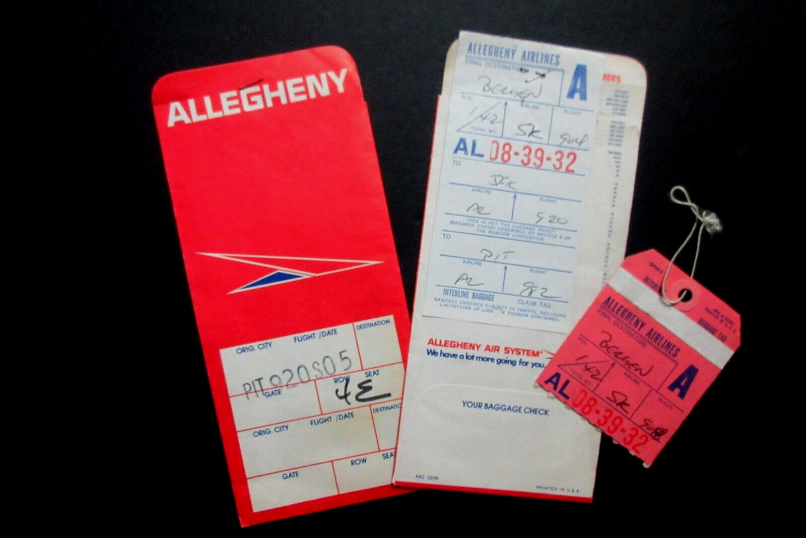 Vintage Allegheny Airlines Ticket Envelopes Baggage Claim ~ SDF PIT Bergen