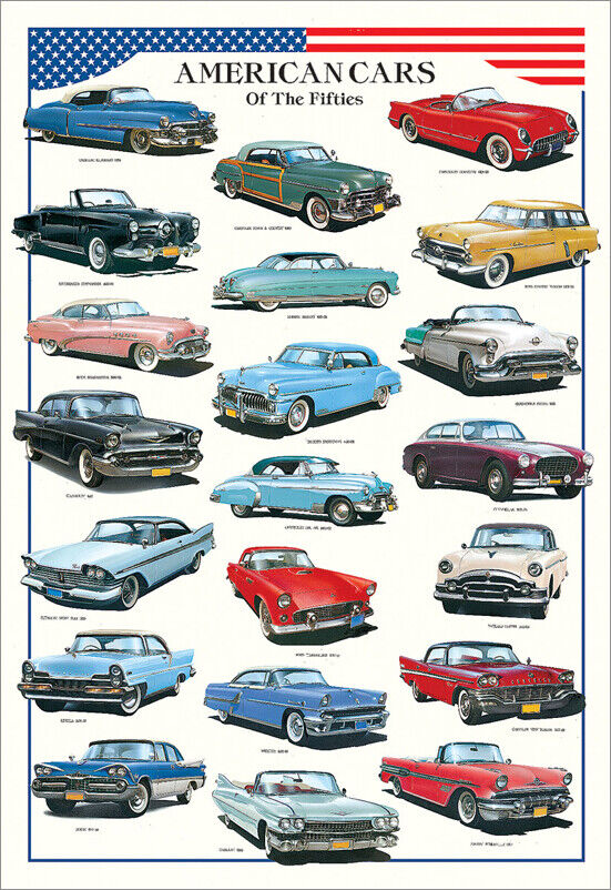 AMERICAN CARS OF THE 1950s Automotive History Huge 27x40 Wall Chart POSTER