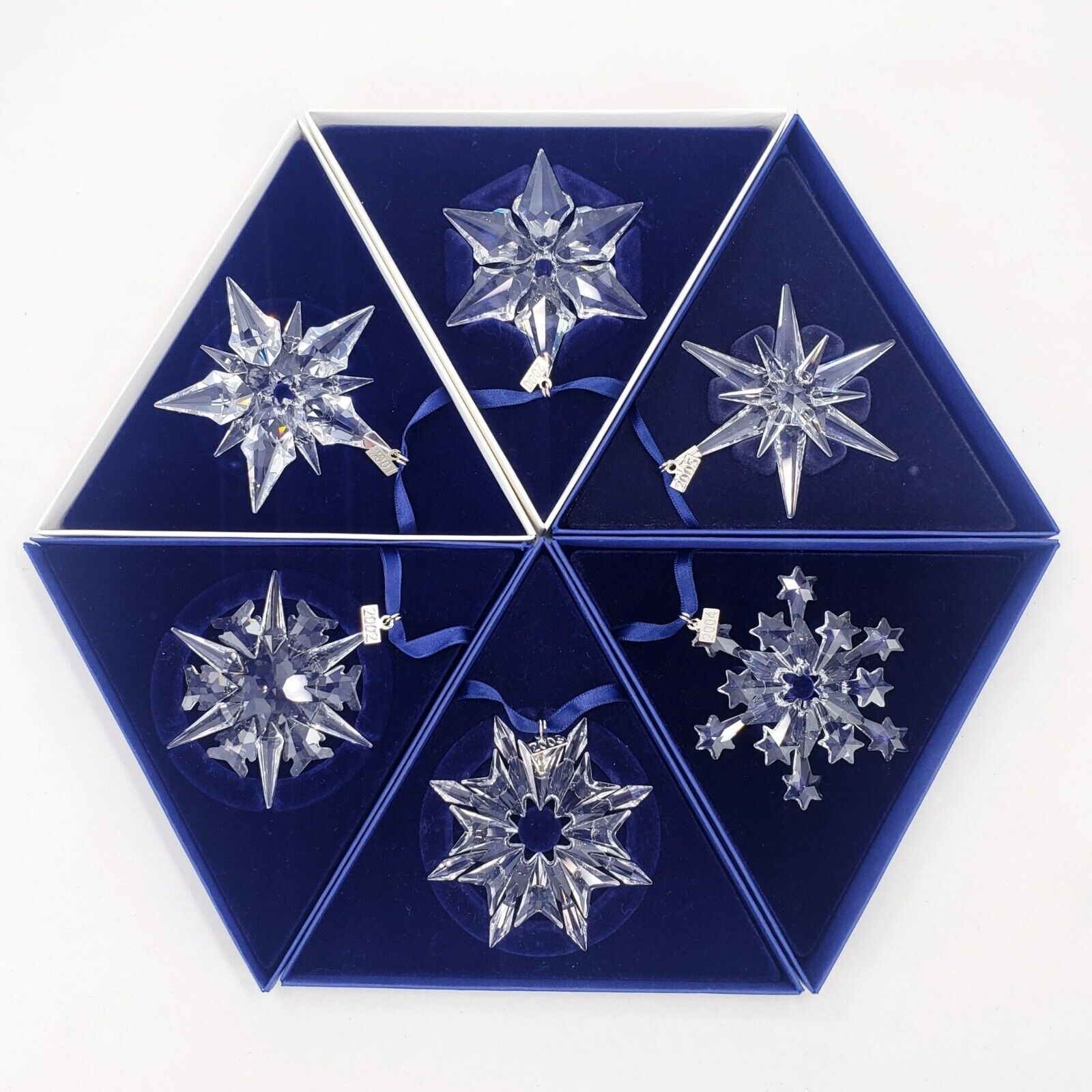 6 Swarovski Star Annual Snowflake Ornaments 2000~2001~2002~2003~2004~2005 Boxes