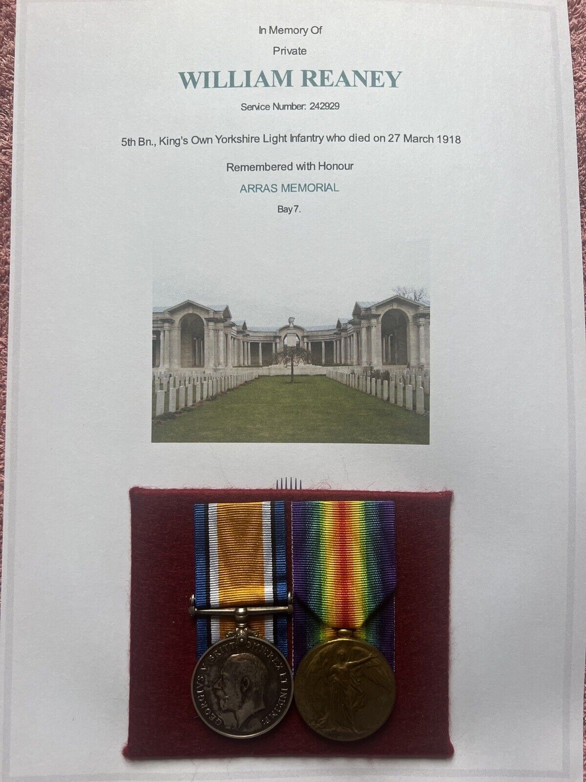 WW1 Medals Reaney KOYLI Yorkshire Infantry KIA Casualty Derby Man Rossignol Wood