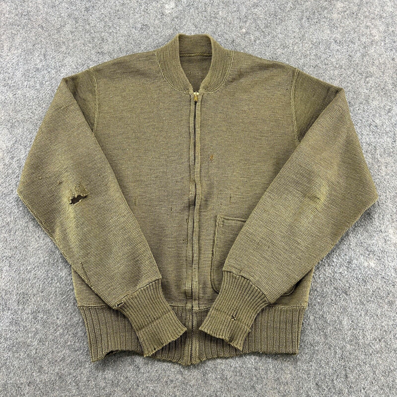 VINTAGE C-2 Sweater Mens 40 Green Cardigan Wool Talon Zipper 40s 50s WWII USAAF