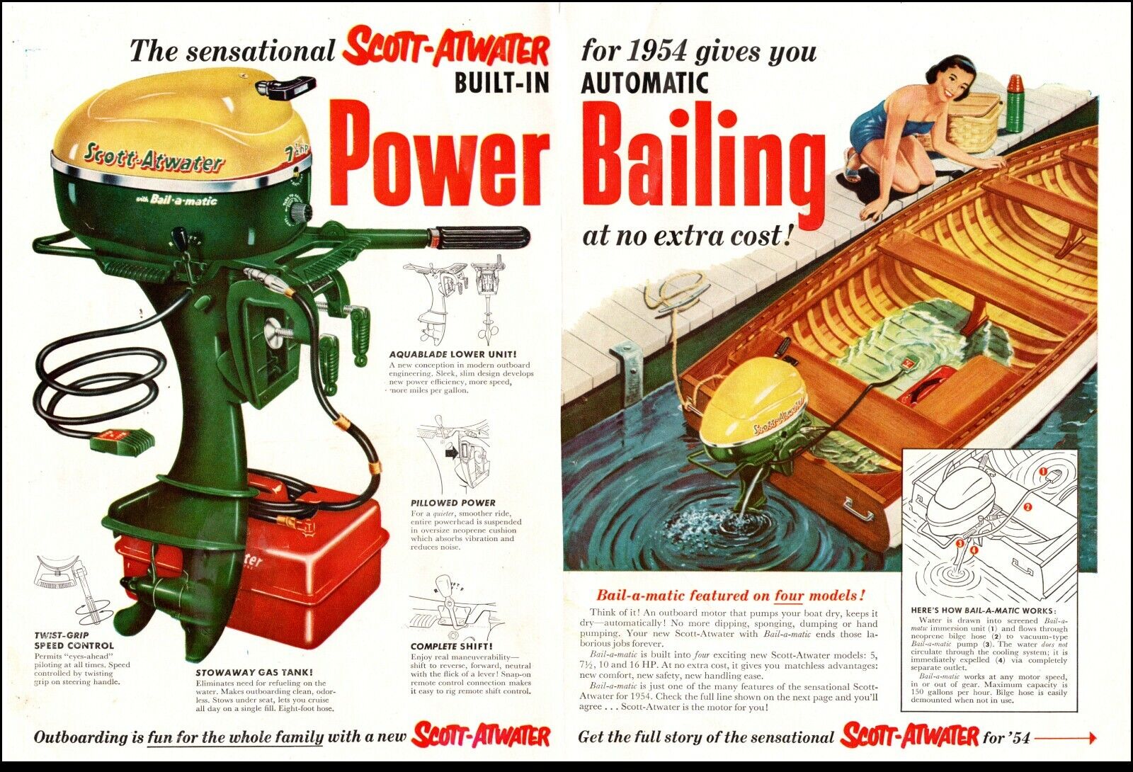 1953 vintage boating AD SCOTT ATWATER Outboards built in Power Bailing 042021 