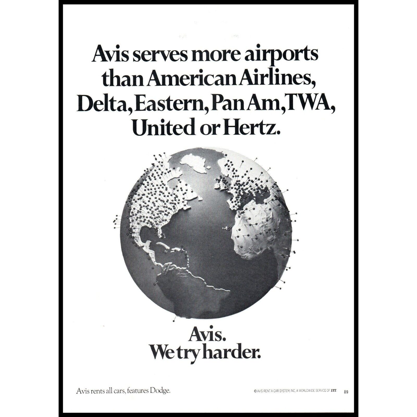 1970 Avis Rent a Car Vintage Print Ad Globe Air Travel Delta Pan Am TWA Wall Art