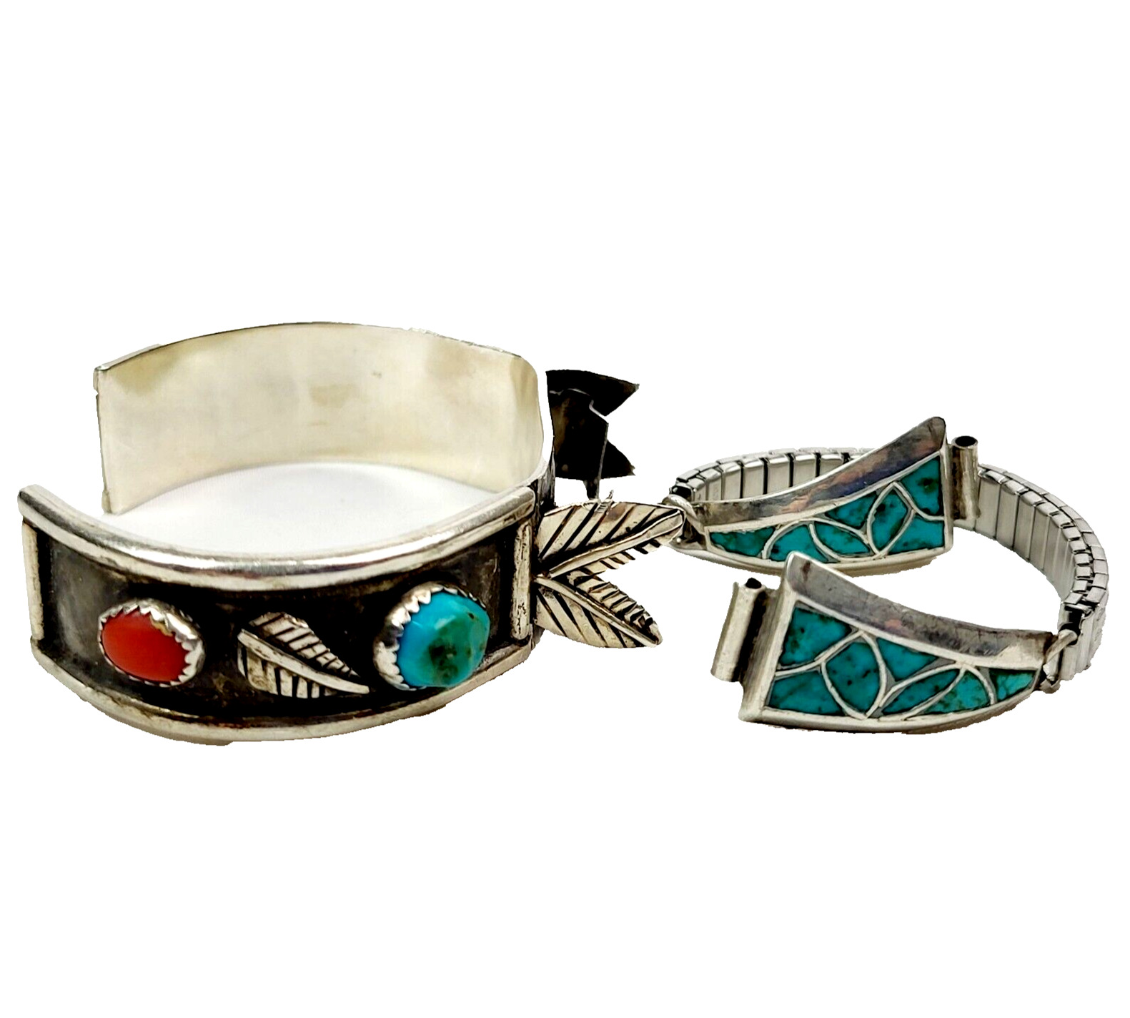 Vintage Native American Sterling Turquoise Inlay Watch Band  Lug 2pc lot SeePics