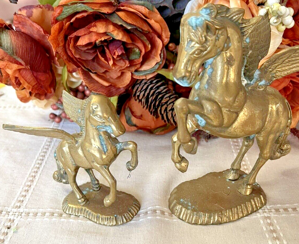 Set of 2 Pegasus Solid Brass Vintage Retro Decorative Flying Horse Sculptures