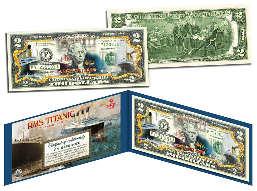 RMS TITANIC Ship * 100th Anniversary * Colorized US $2 Bill Genuine Legal Tender