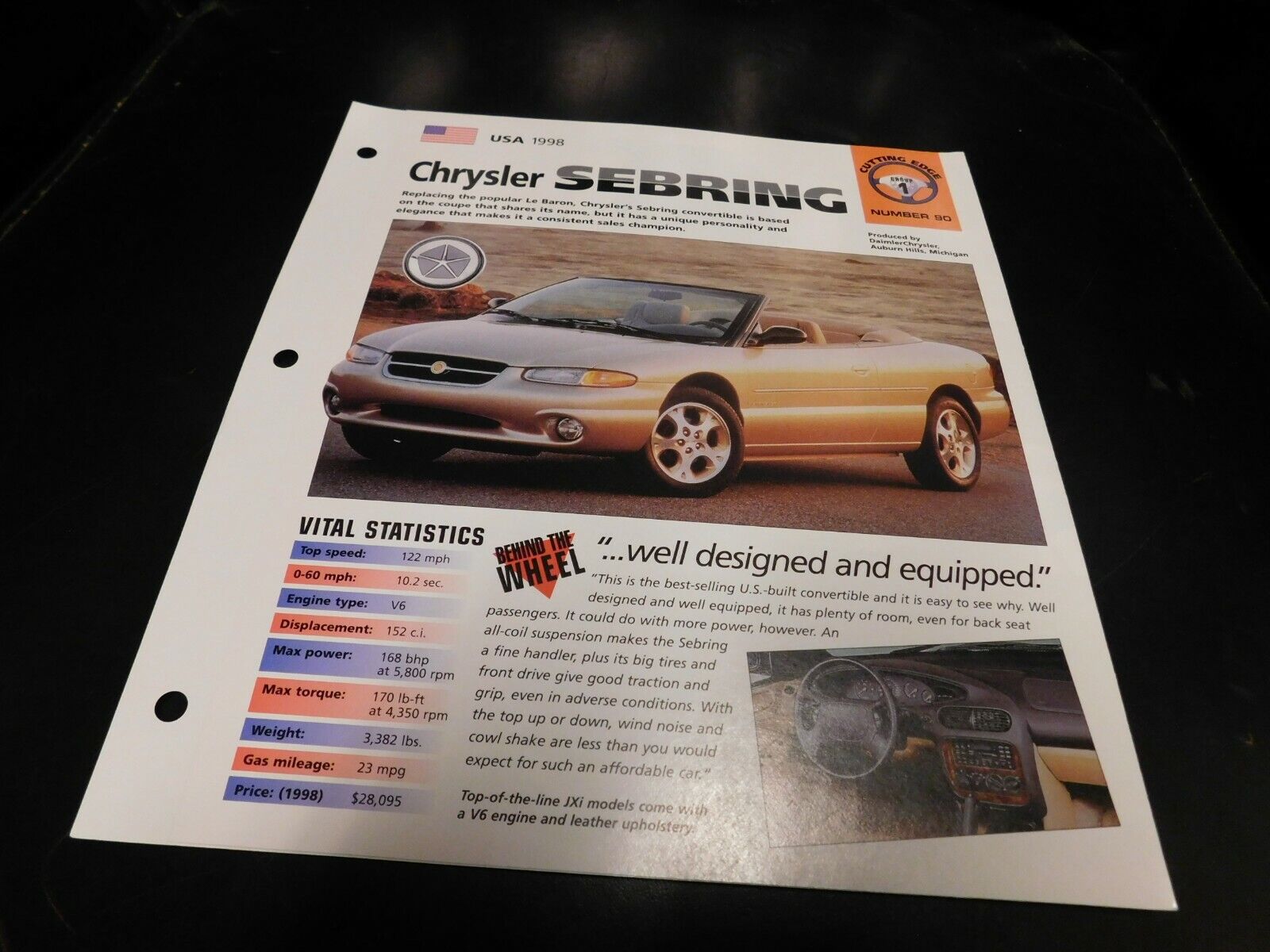 1998 Chrysler Sebring Spec Sheet Brochure Photo Poster