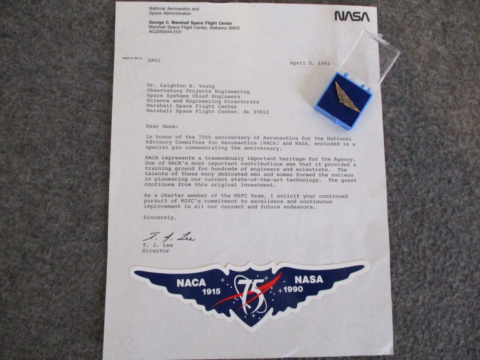 1991 NASA MSFC 75th ANNIVERSARY NACA NASA PIN/DECAL/LETTER -SOLAR ARRAY INVENTOR