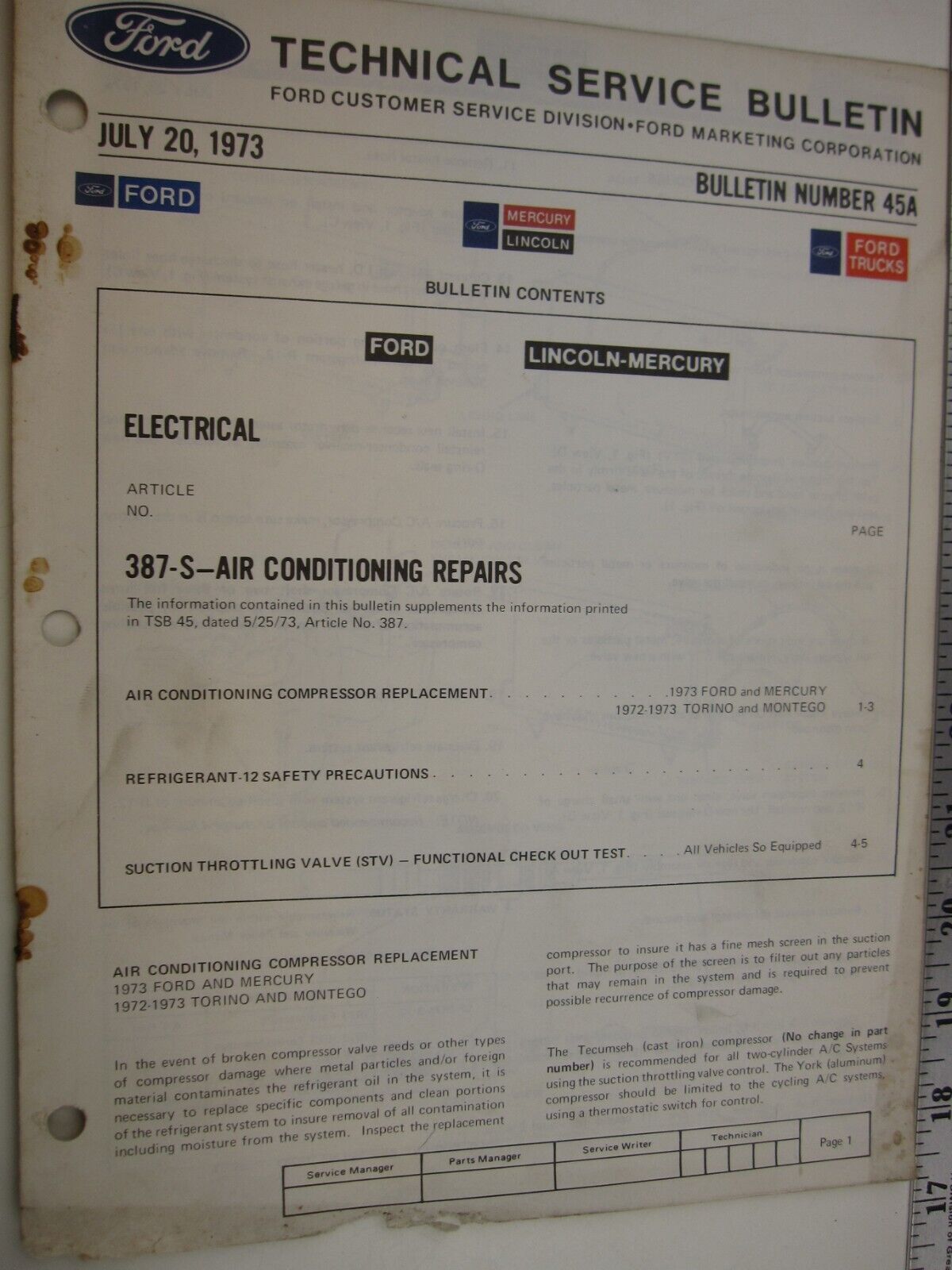 July 20, 1973 FORD Technical Service Bulletin Number 45A   BIS