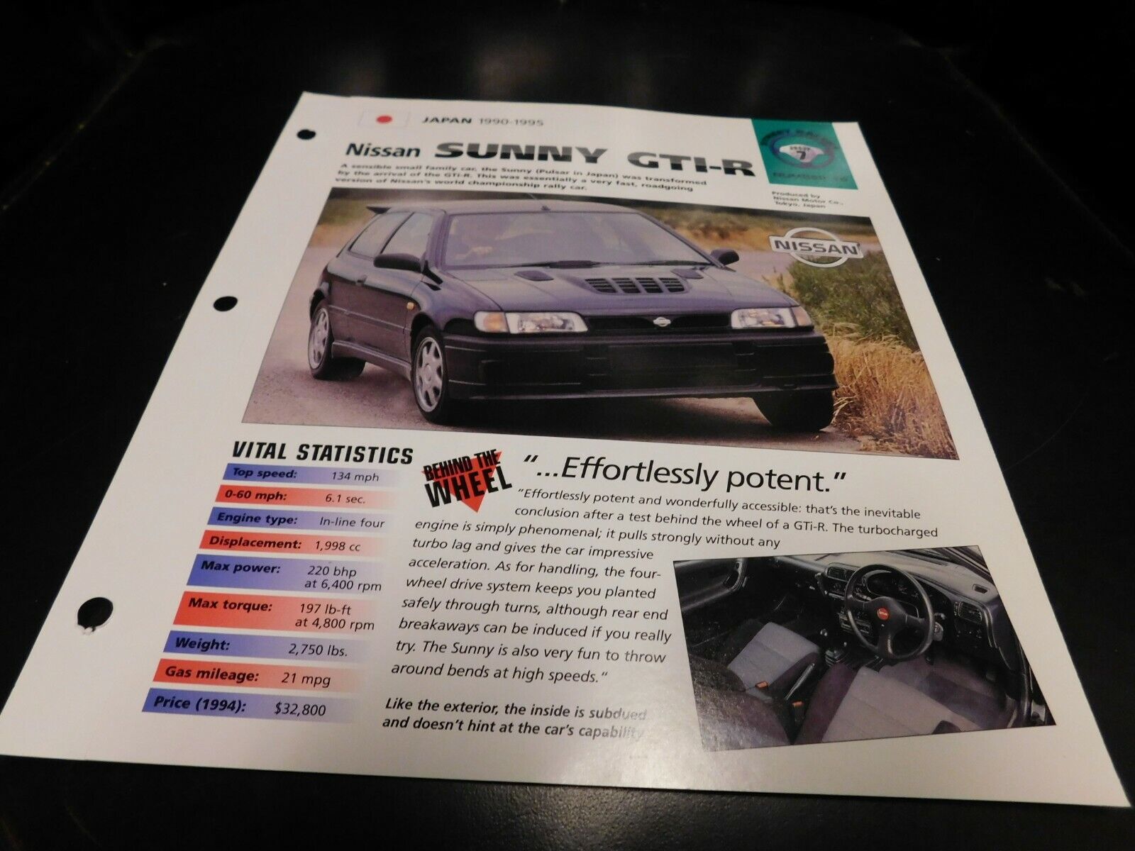 1990-1995 Nissan Sunny GTI-R Spec Sheet Brochure Photo Poster 91 92 93 94