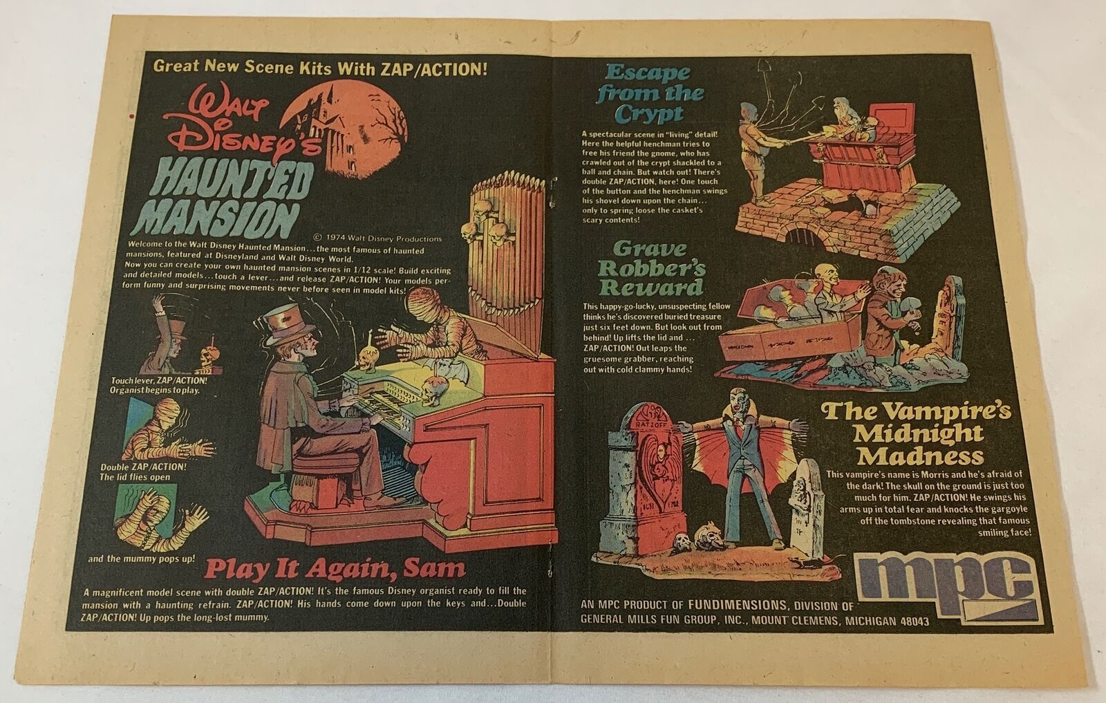 1974 MPC model kits two page ad ~ WALT DISNEY\'S HAUNTED MANSION