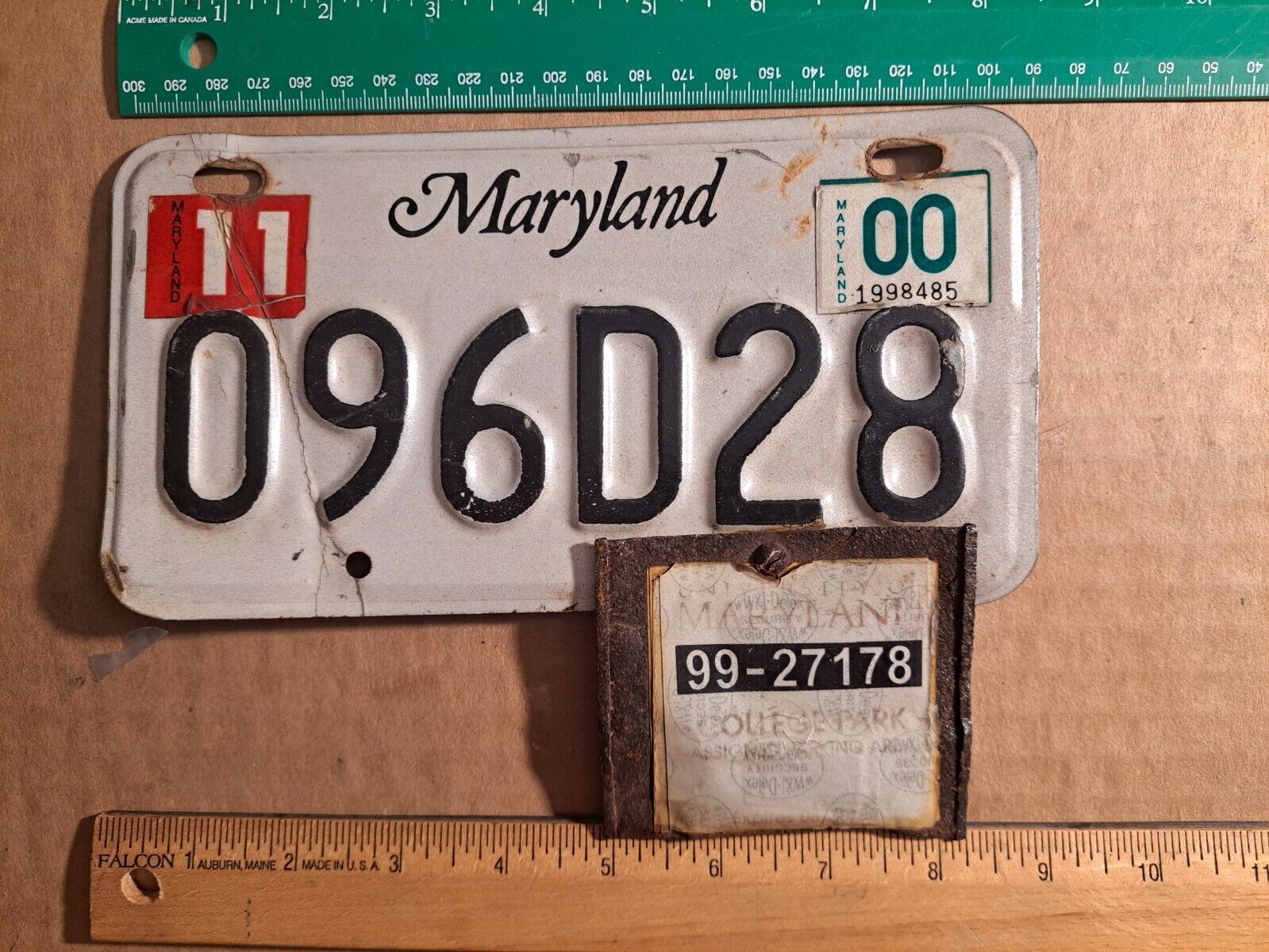 License Plate, Maryland, 2000, Motorcycle, 096D28, College Park Met Tab 99 27178