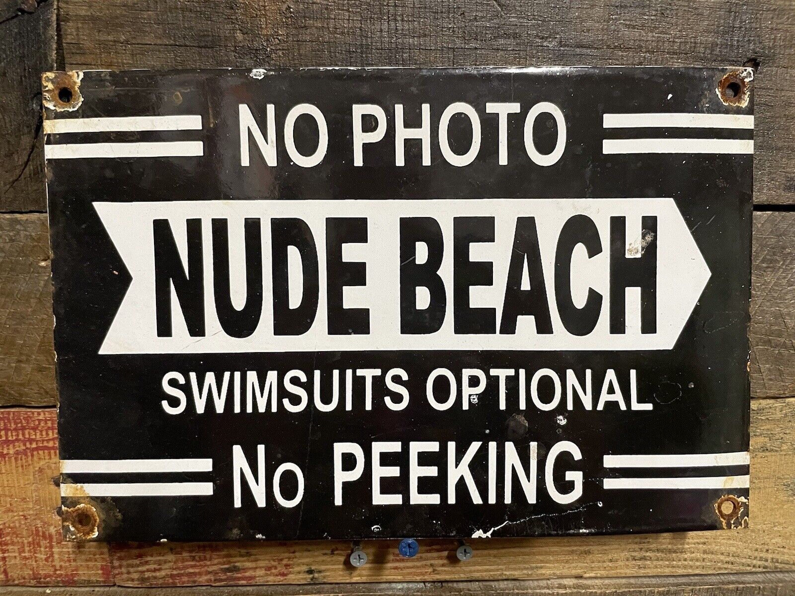 VINTAGE NUDE BEACH PORCELAIN SIGN NO PHOTO NO PEEKING PUBLIC STATE PARK SWIMMING