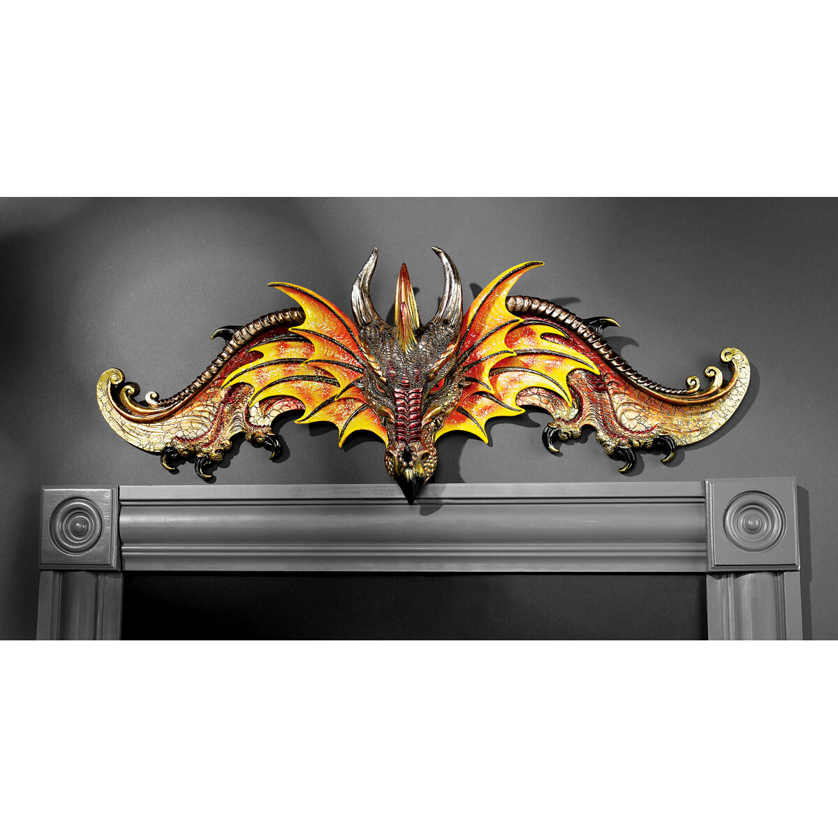 Medieval Dragon Arched Wings & Pointed Talons Sculptural Bright Color Pediment