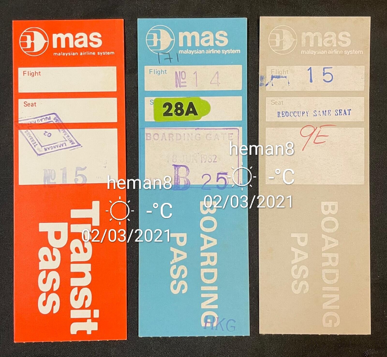 1980\'s  MAS Malaysian Airlines Boarding Pass x 2 and Transit Pass