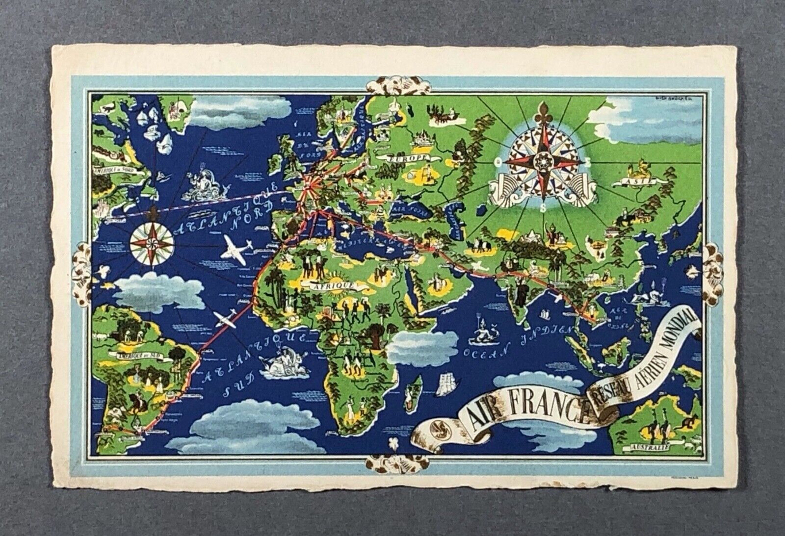 AIR FRANCE AIRLINE ISSUE POST CARD LUCIEN BOUCHER ROUTE MAP 