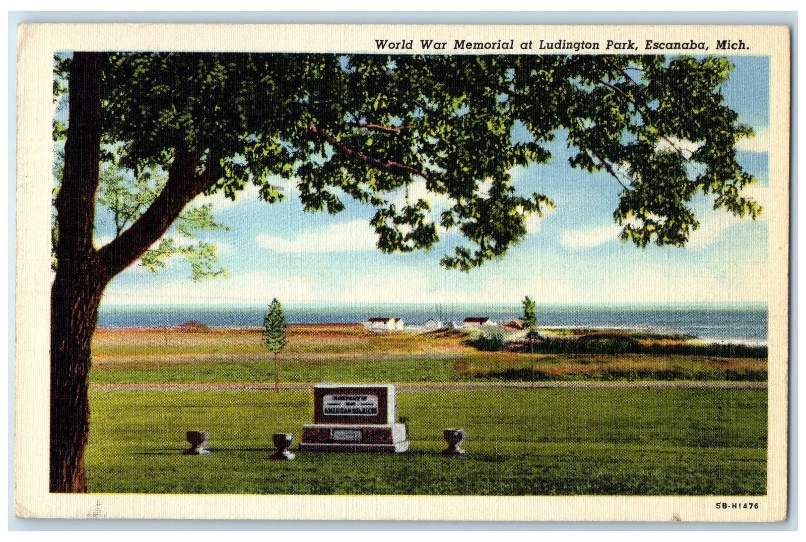 1948 World War Memorial At Ludington Escanaba Michigan MI Posted Trees Postcard