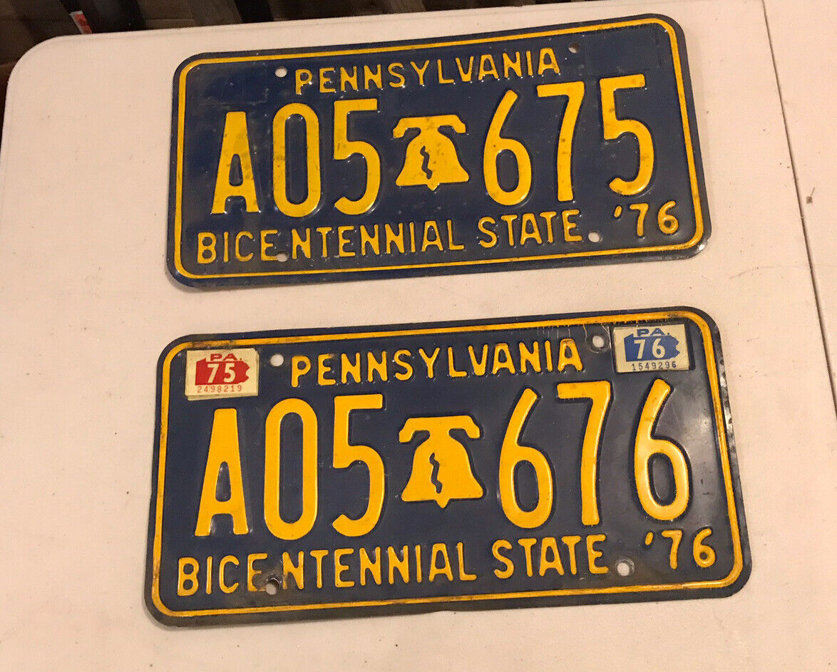 2-1976 Pennsylvania Bicentennial Consecutive License Plates 1975, 1976