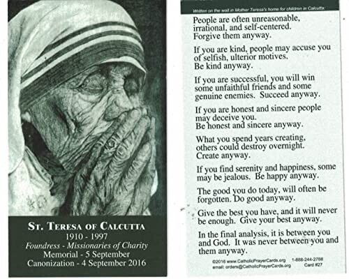 St. Teresa of Calcutta LAMINATED Prayer Card, 5-pack, with Two Free Bonus cards