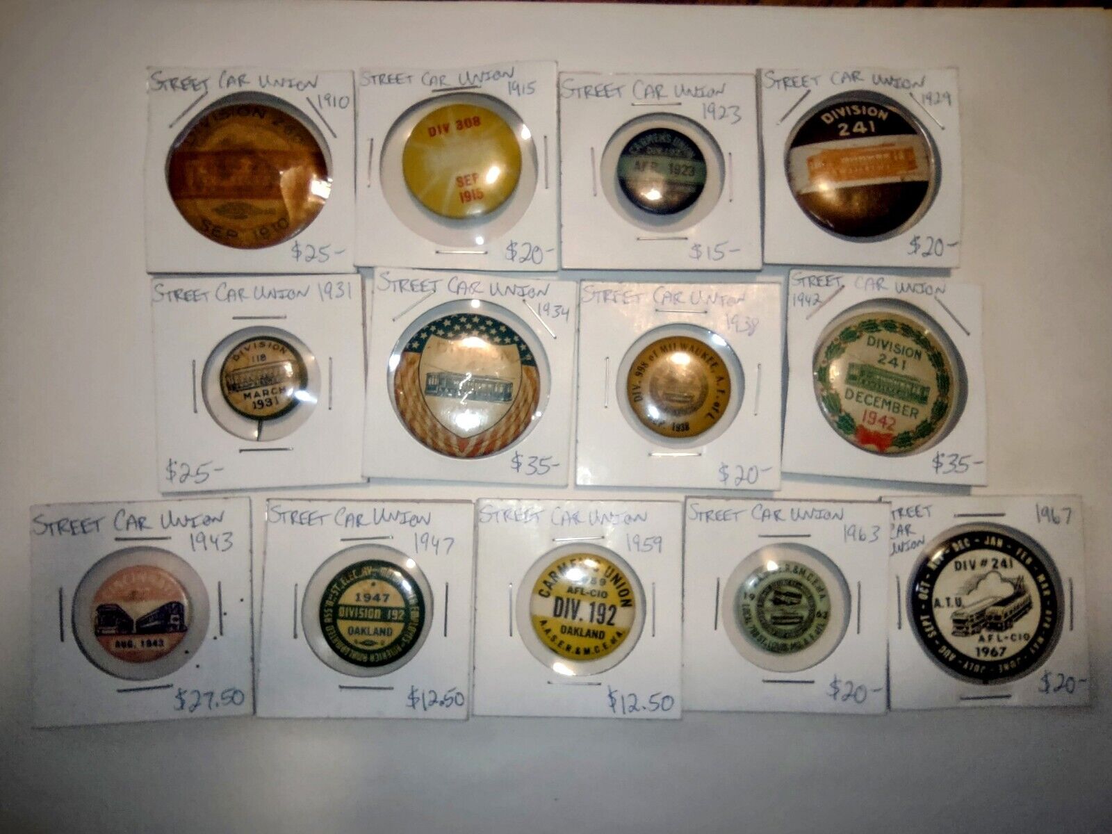 Lot Of 13 Rare Antique Graphic Street Car Union Pinback Buttons 1910 - 1967