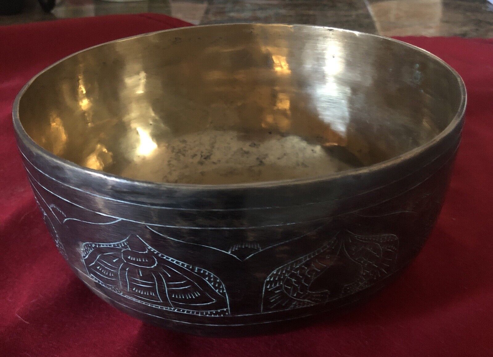 VTG ,Engraved Singing Bowl , Dark Layer On A Tibetan Style Bowl,6.75 In Diameter