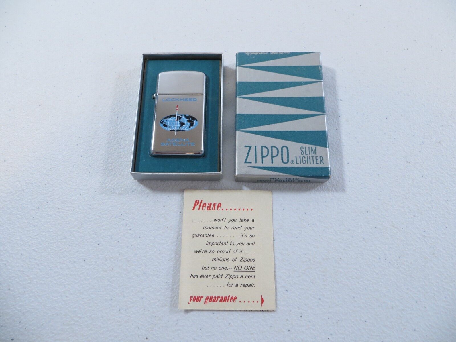 Rare 1960 Lockheed Agena Satellite Slim Zippo Lighter W/ Box Unfired? READ