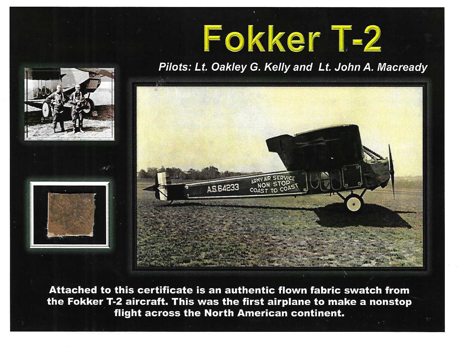 Fokker T-2 Authentic Flown Fabric swatch on a Beautiful Certificate