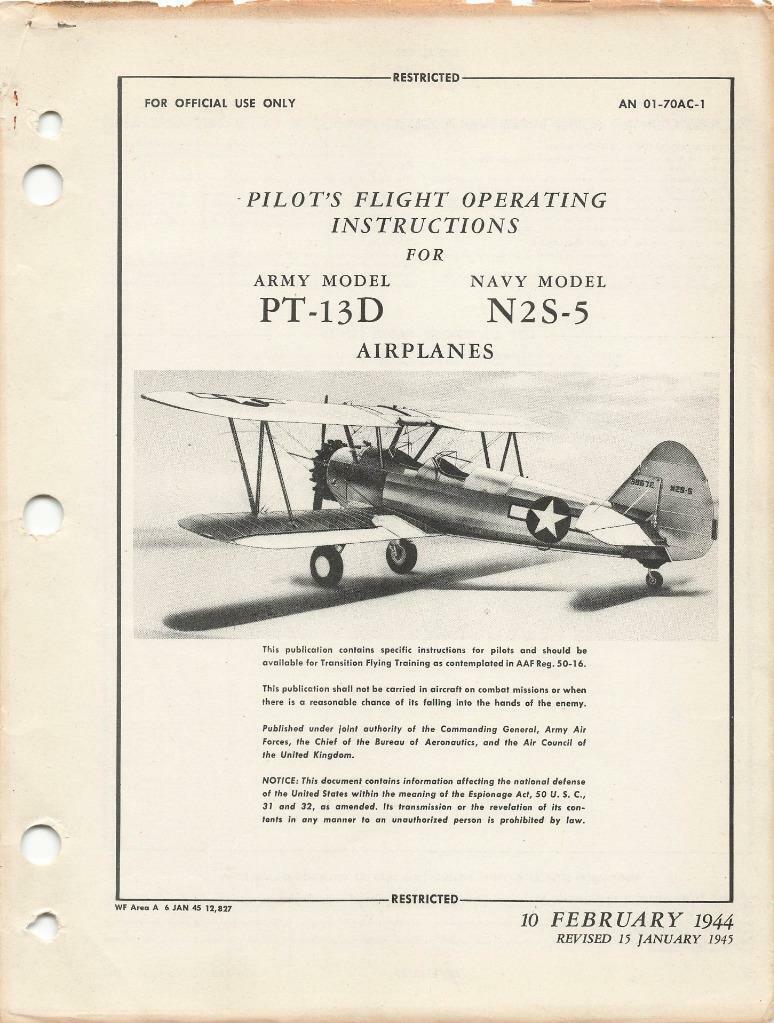 1945 AAF BOEING PT-13D, N2S-5 STEARMAN TRAINER PILOTS FLIGHT MANUAL HANDBOOK-CD
