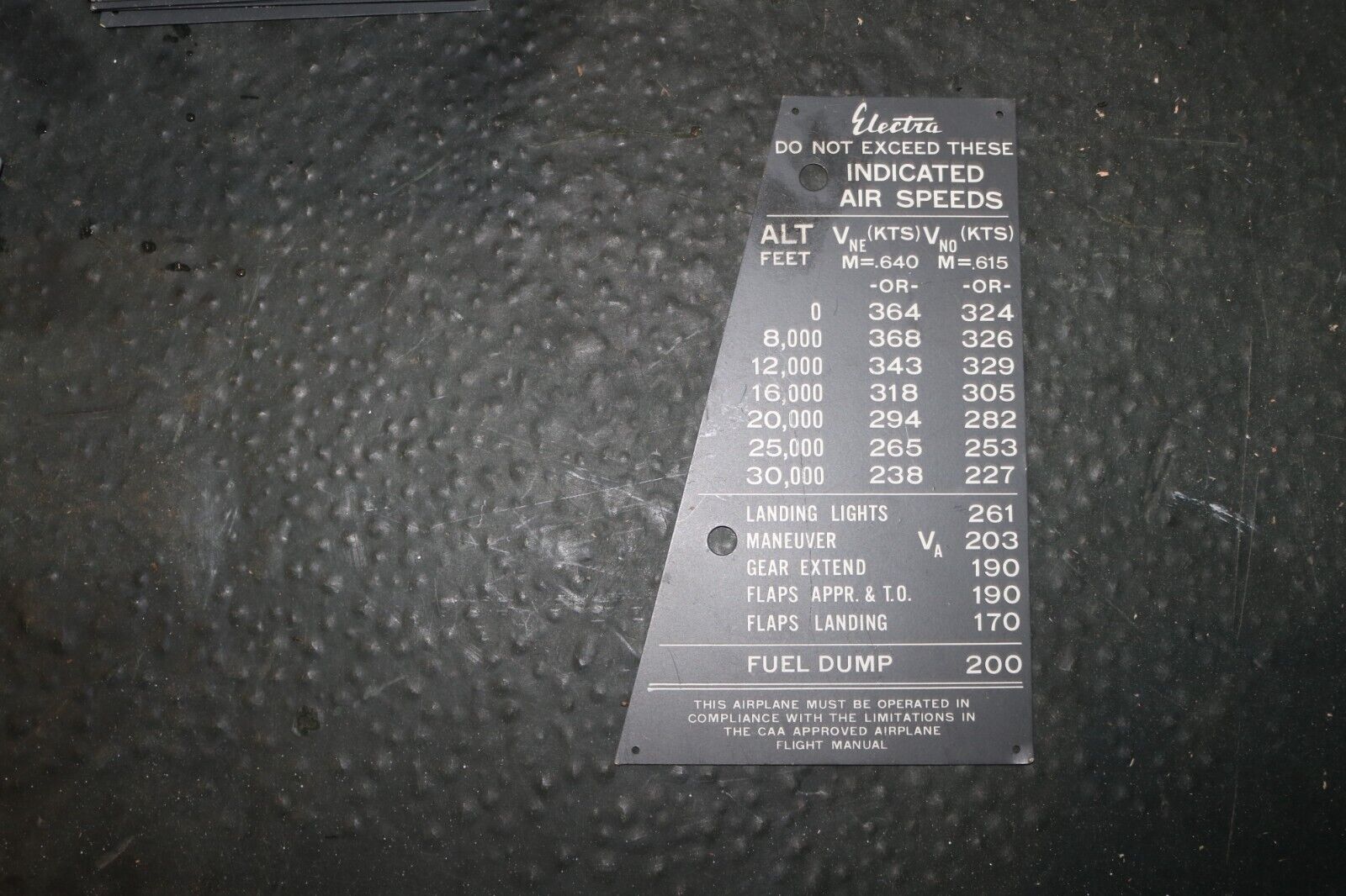 NOS Lockheed L-188  Electra cockpit indicated airspeeds limitation placard 50's