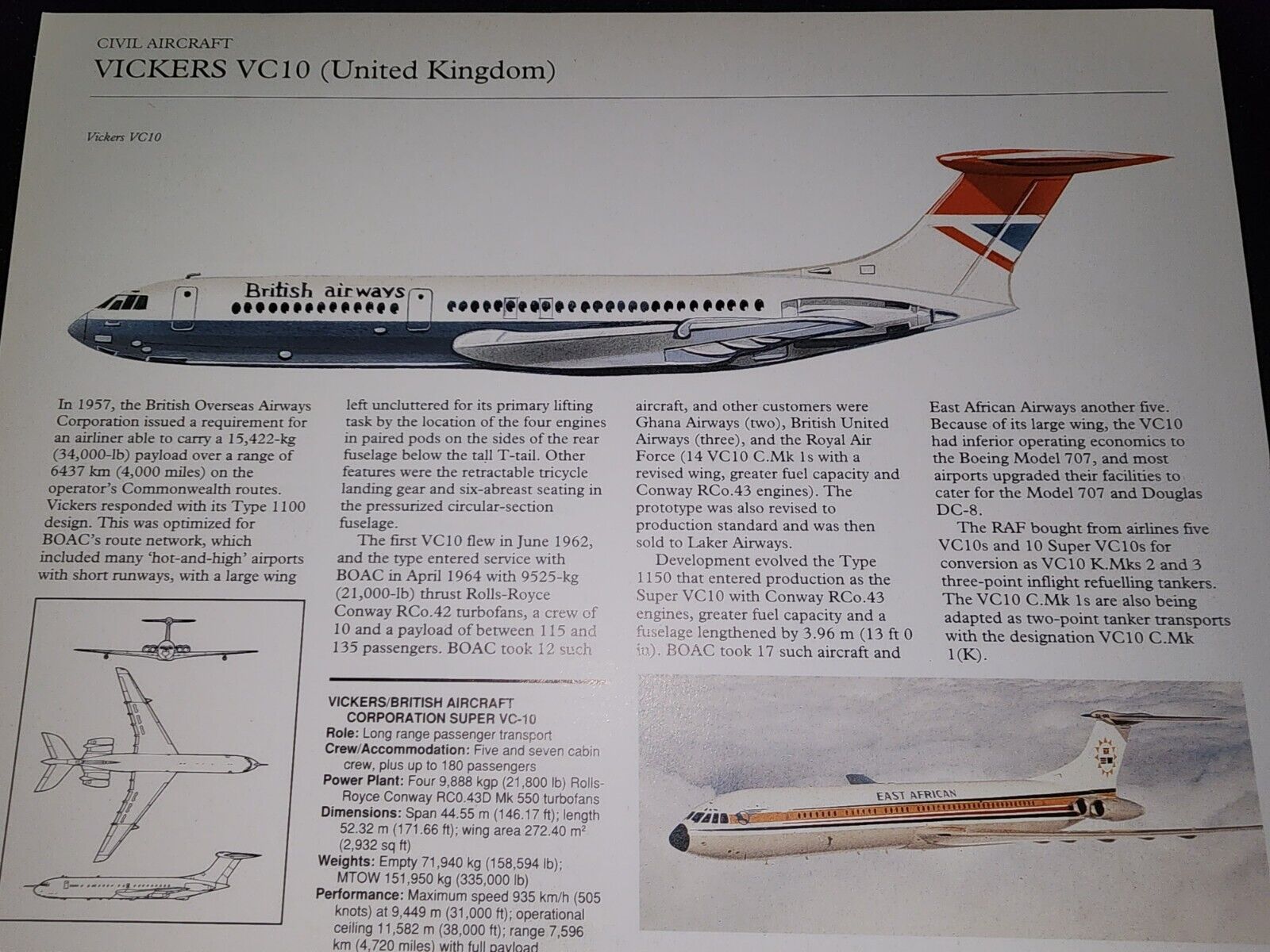 UNIQUE ~ Vickers VC 10 Airplane Aircraft Profile Data Print ~ NEAT
