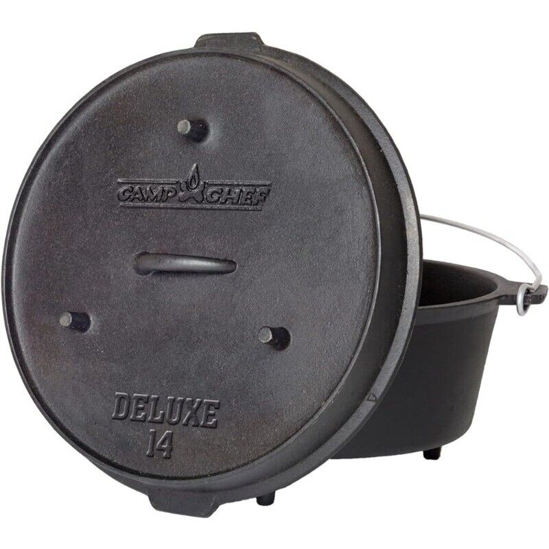 12 Qt Seasoned Cast Iron Dutch Oven with Built-in Thermometer Notch Cookware 