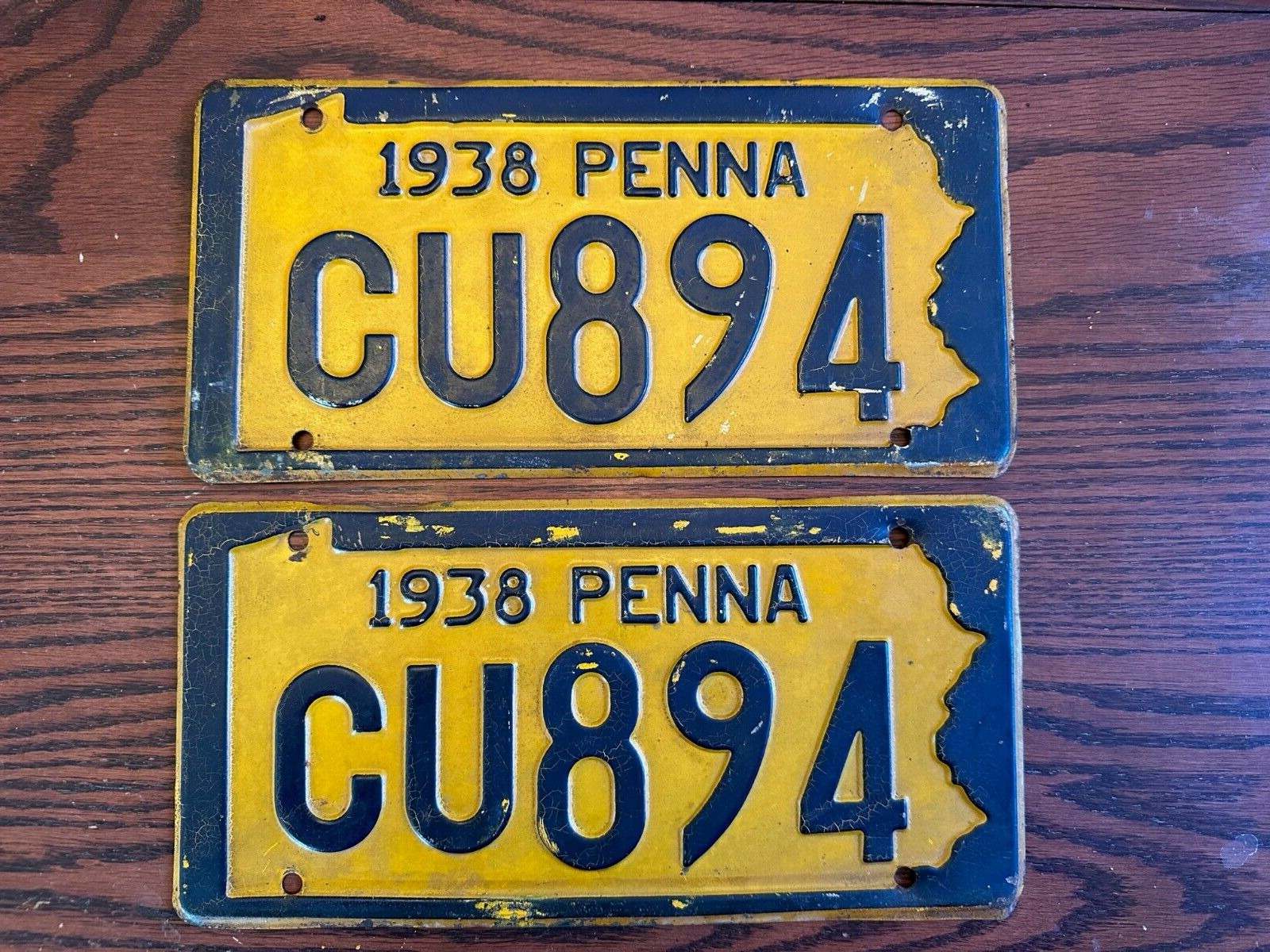 1938 Pennsylvania License Plate Set CU894 Penna PA Authentic Metal Yellow Blue