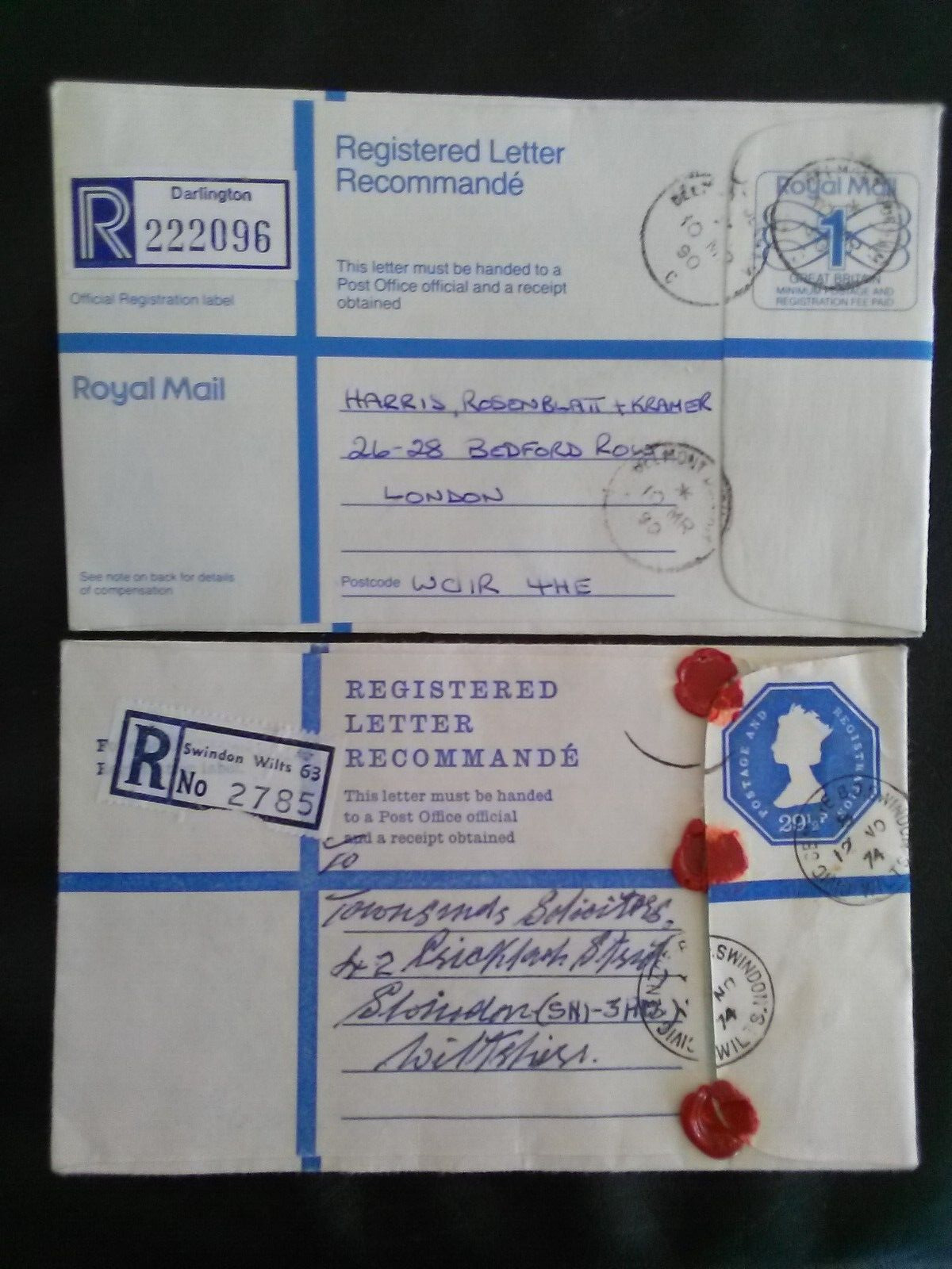 G B REGISTERED MAIL  1974 291/2 PENCE & 1990 1st CLASS  BLUE SIZE G ENVELOPE.