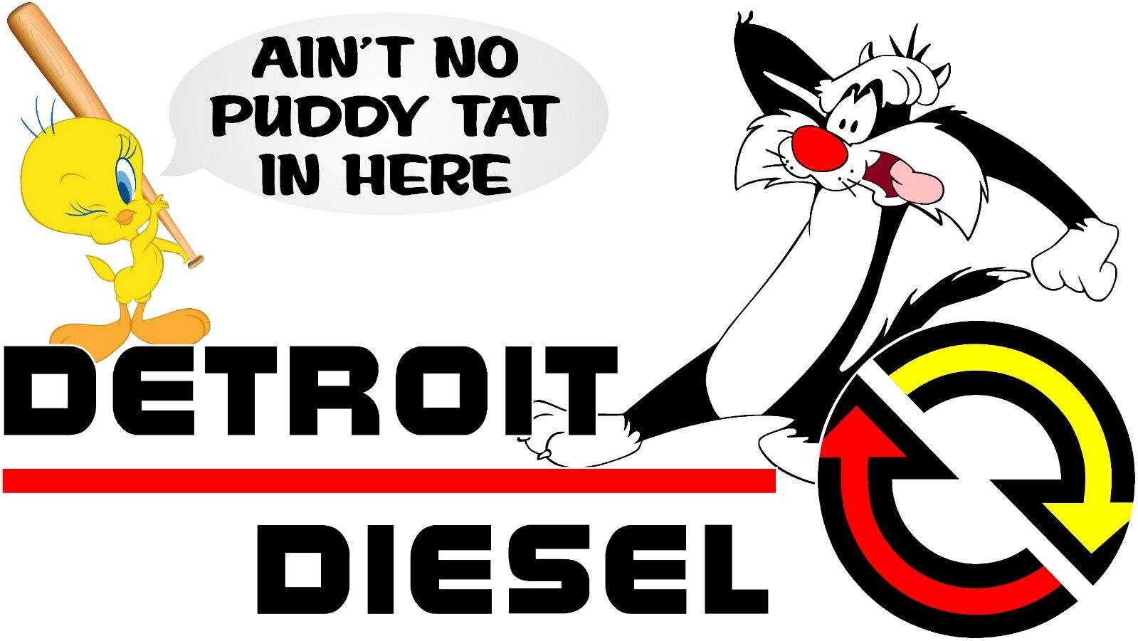 Detroit Diesel Emblem with vintage Tweety & Sylvester Parody Sticker Decal