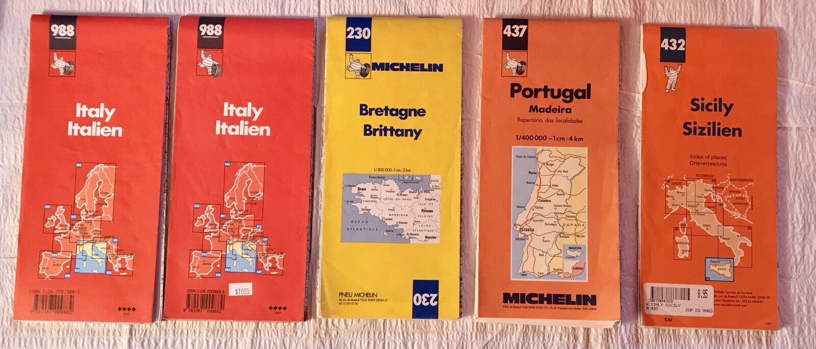 9 Older Huge Michelin Foldout Out Road Maps, Italy, Sicily, Portugal & More, VG+