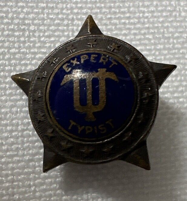 Vintage Expert Typist Award Star Blue Enamel Bronzetone Metal Lapel Pin Brooch