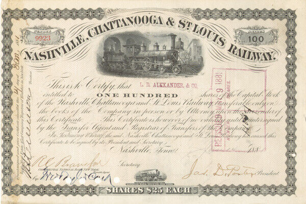 James D. Porter - Nashville, Chattanooga and St. Louis Railway - Stock Certifica