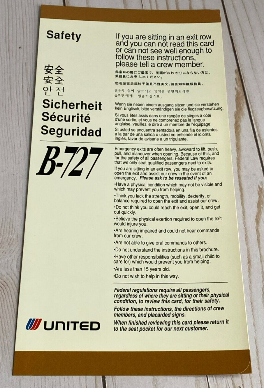 United Airlines Boeing 727 Safety Card - 4/91