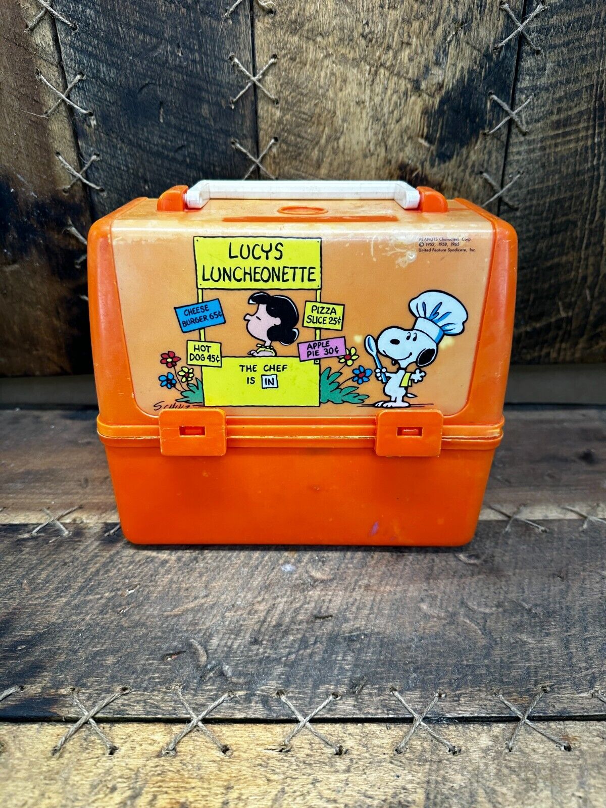 Vintage 1965 Lucy’s Luncheonette Peanuts Orange Plastic Lunchbox Snoopy
