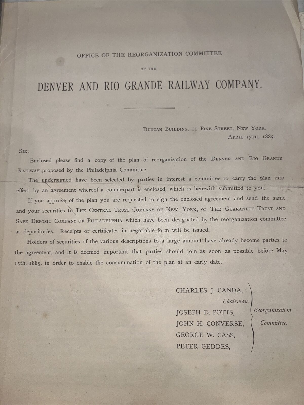 plan for reorganization denver and rio grande railway company 1885 RARE