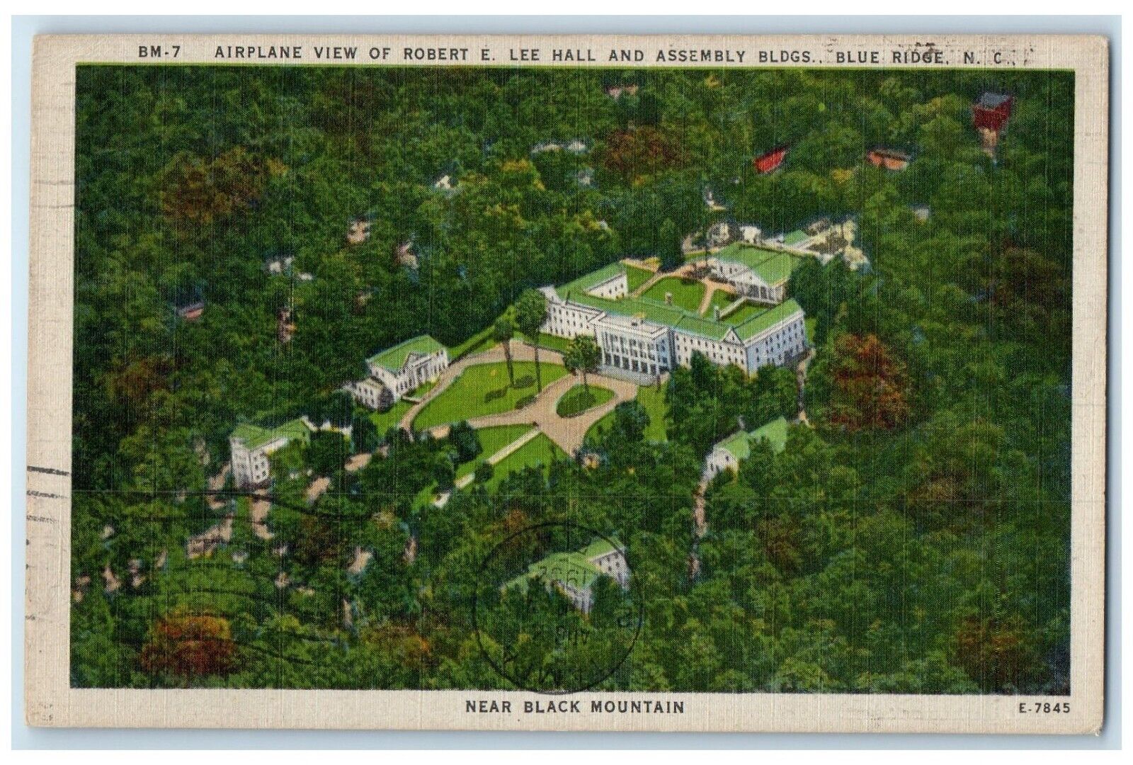 1952 Airplane View Robert Lee Hall Assembly Blue Ridge North Carolina Postcard