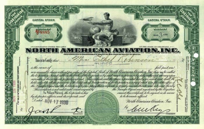 North American Aviation, Inc. - Aircraft Manufacturer Stock Certificate - Aviati